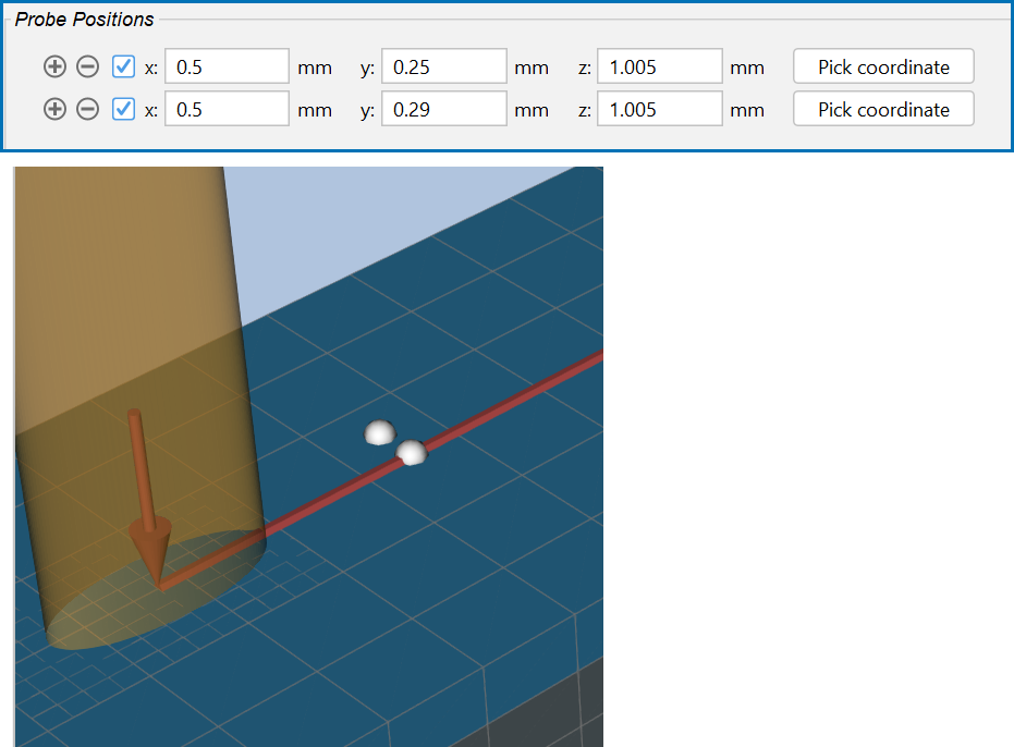 Probe positions for Probes P1 and P2, where P1 is placed exactly on the scanning track while P2 is placed at a distance of 0.04 mm from the track, as shown in a close up of the probes on the Visualizations window.
