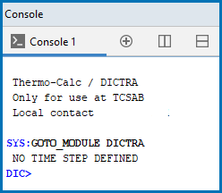 Console Mode window example of text displays when you open the DICTRA module