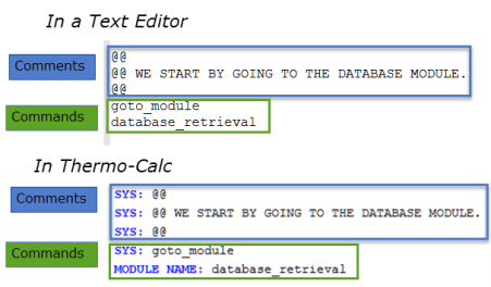 Comparing what you see in a text editor vs in Thermo-Calc for the text and commands of a macro file