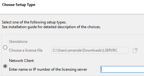 Custom installation window with the option to choose the Network Client installation and  set the installation directory path to the license file